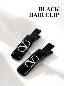 Valentino Black Hair Clip Set, Minimalist Double Clip Design With Signature White V-Shaped Logo, Matte Hair Clips, White Gift Box Packaging.