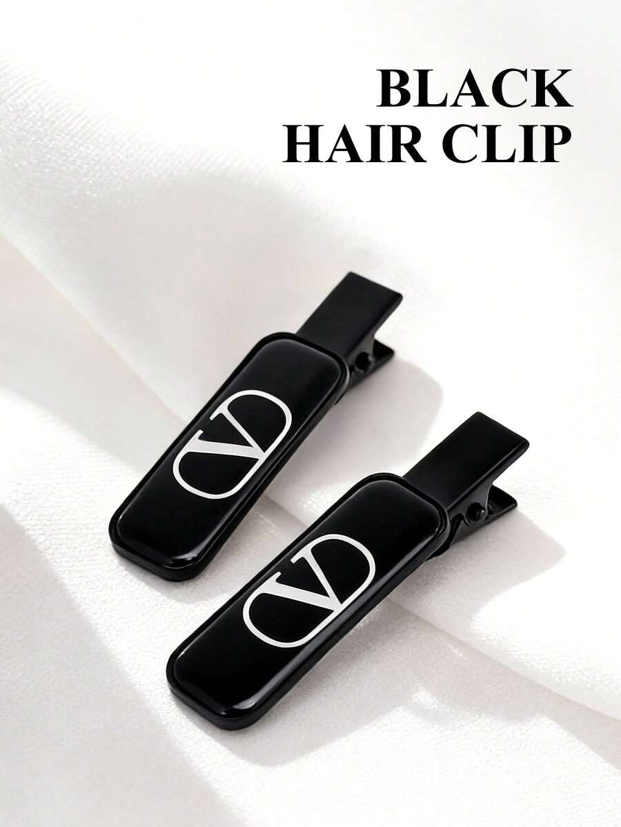 Valentino Black Hair Clip Set, Minimalist Double Clip Design With Signature White V-Shaped Logo, Matte Hair Clips, White Gift Box Packaging.