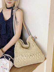 Women's Shoulder Bag, Crocheted Straw Woven Beach Style - Beige - View 2
