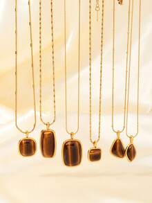 1件时尚复古不锈钢虎眼石宝石项链，适合女性日常、节日、情人节、工作、派对等场合佩戴。 - 金色 - 查看 1