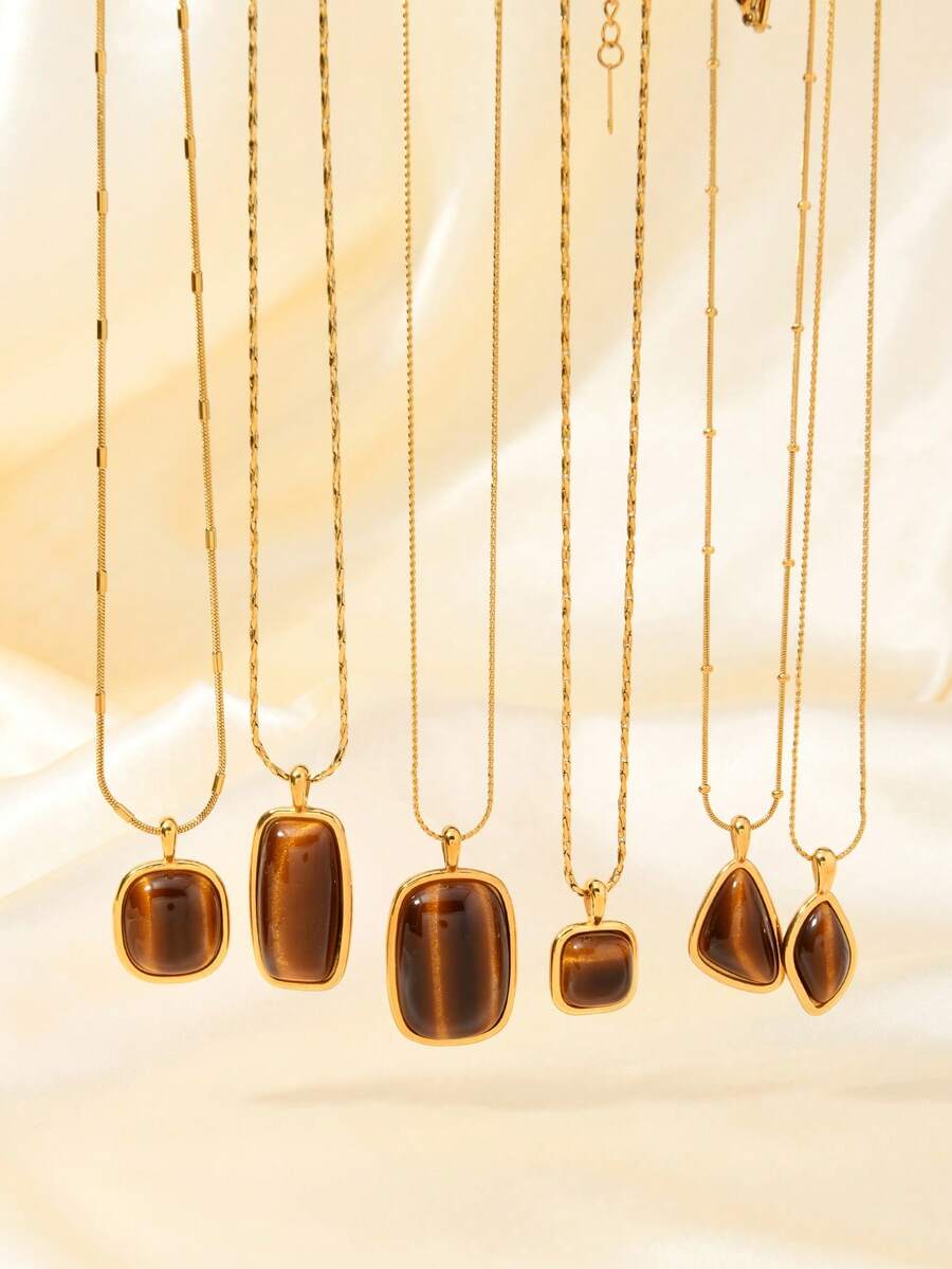 1件时尚复古不锈钢虎眼石宝石项链，适合女性日常、节日、情人节、工作、派对等场合佩戴。 - 金色 - 查看 1