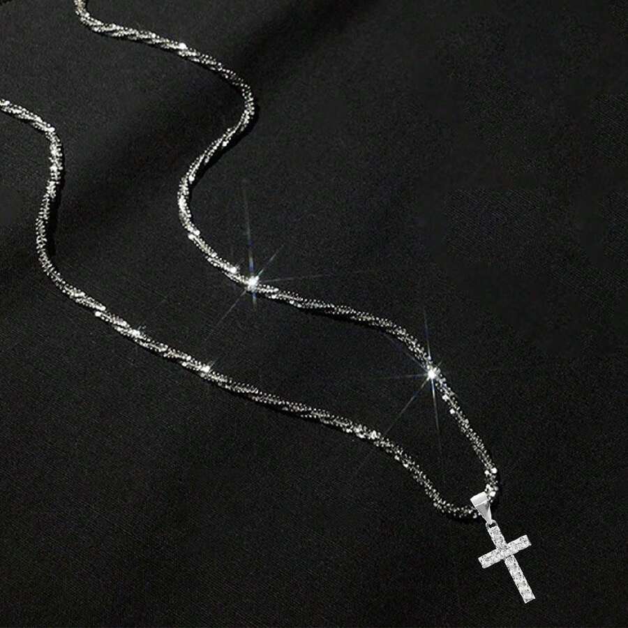 925 Sterling Silver Cross Necklace, Inlaid With Cubic Zirconia, Shiny Chain Necklace, Suitable For Women And Girls