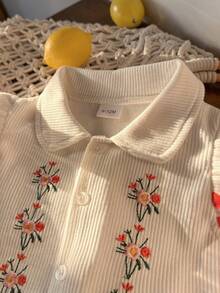 Girls' Fashion Cloud Embroidery Button-Up Short Sleeve Shirt With Orange Flared Pants 2 Pieces Set - Burnt Orange - View 5