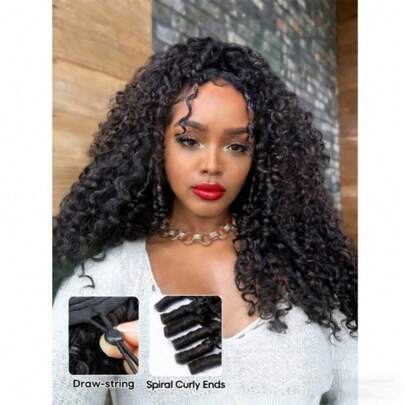 ZHENDEFA 3-In-1 Seamless Reversible Burmese Curly Half Wig, Real Human Hair, Glueless Half Wig With Drawstring, Women's Real Hair, Glueless & Lace-Free Wig, Spiral Curled Ends