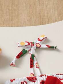 2pcs Baby Girls Cute Fashion 3D Bow Strawberry Flower Heart Print Camisole Top And Layered Tutu Skirt With Hat, Spring/Summer - White - View 4