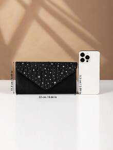 REMANLAND 1pc Elegant Pleated Rhinestone Decorated Women's Handbag, Fashionable Charming Ladies' Evening Clutch Bag, Envelope Style Small Square Bag With Hidden Card Slot, Shoulder Bag With Detachable Metal Chain, Ideal For Party Girls, Brides And Holiday Gifts - Black - View 5