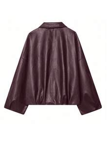 جاكيت جلدية قصيرة بومبر جديدة بطراز قديم، جاكيت كاجوال بسحاب وجيوب، جاكيت جلدية بقصة عادية، جاكيت شتوية للنساء - احمر خشبي - مشاهدة 7