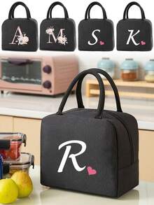 1pc Insulated Lunch Bag Bento Pack Aluminum Foil Rice Bag Ice Pack Personalized Pink Love Letter A-Z Printing Lunch Box Portable Lunch Handbag Thermal Picnic Bag