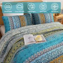 WONGS BEDDING Bohemian Comforter Set, Twin, Full, Queen & King Sizes, 3 Pieces, Lightweight Microfiber Quilt, Bohemian Style, Purple & Blue, All Seasons - 水鴨藍 - 查看 7