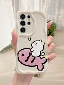 1 pieza Funda de teléfono con protección de lente gruesa antirraídas, con textura de mármol crema y patrón minimalista de pez y gato, compatible con iPhone, Redmi, OPPO, Vivo/Transsion, una opción de moda y protección - Blanco - Ver 4