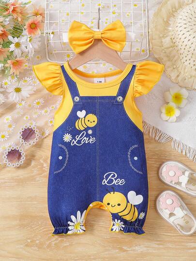 2件套女婴夏季无袖碎花拼接蓝色卡通蜜蜂印花连体衣和发带，可爱休闲