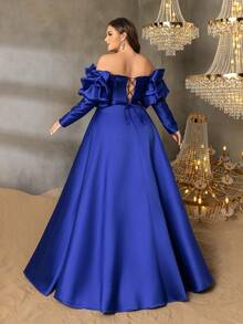 Faeriesty Plus Size Women's Elegant Off-Shoulder Formal Evening Dress - Featuring Dramatic Puff Sleeves, Bold High Slit, And Fitted Waistline - Perfect For Grand Celebrations, New Year Parties, Formal Galas, Exclusive VIP Events, And Glamorous Masquerade Balls - Royal Blue - View 2