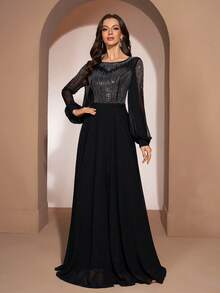 YISIKADO Rhinestone Chiffon Evening Dress Modest Round Neck Lantern Sleeve Luxury Formal Women Dresses For Wedding Guest Birthday Prom Party Black - Black - View 6