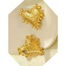 1 Pair Vintage Metal Heart Shaped Stud Earrings, Suitable For Women Everyday Jewelry Wear - 金色 - 查看 2