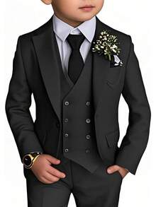 Stylish Boys 4 Piece Slim Fit One Button Formal Suit Set With Tie For Wedding Prom Party - Black - View 1