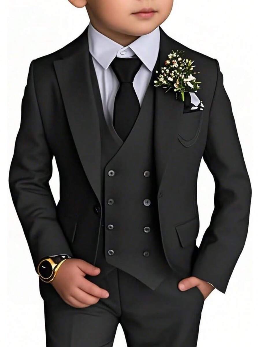 Stylish Boys 4 Piece Slim Fit One Button Formal Suit Set With Tie For Wedding Prom Party - Black - View 1