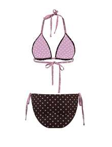 Plus Size Summer New Women's Suspender Solid Color Hanging Neck Pink Polka Dot Triangle Cup Two Pieces Bikini Set, Suitable For Vacation, Beach Date, Valentine's Day Lace Up Swimsuit Set - Multicolor - View 5
