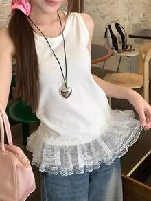 芭蕾舞风格蕾丝拼接无袖背心，叠穿设计，春夏休闲白色 - 白色 - 查看 5