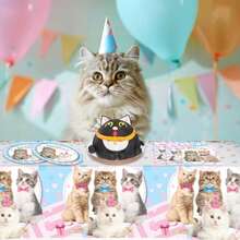 81件猫咪生日主题一次性餐具套装，完美适用于情人节、露营、庭院烧烤、野餐、婚礼、单身派对、各种派对和生日，也适合派对装饰、家居装饰、生日装饰、生日派对装饰、婚礼装饰，是理想的派对用品、烧烤用品、婚礼用品、生日派对用品、一次性餐盘、婚礼餐盘和派对餐盘。
