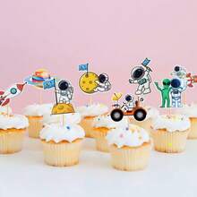 24 件飞机、地图、宇航员、地球、星星、月亮蛋糕装饰，婴儿太空主题派对蛋糕装饰 - 彩色 - 查看 10