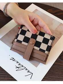 时尚撞色格纹短款钱包 - 休闲帆布和PU皮革，拉链配按扣，皮革衬里和包边 | 仅限手洗或干洗 小型PU皮革卡包 卡包 钱包 名片夹 信用卡夹 女士卡包 迷你钱包 卡包 - 卡其色 - 查看 3