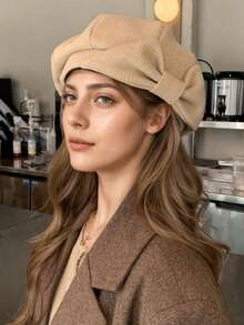 1pc Women's Hat, Solid Color Beret With Bow, Autumn/Winter Warm Outdoor Sports Commute Shopping Elegant Petite Painter Cap, Fashion Versatile Retro Minimalist Hatless Beret, Suitable For Daily And Holiday Use