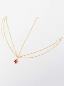 波西米亚风水晶红色水滴吊坠发饰链，新娘婚纱装饰，情人节女士礼物 - 金色 - 查看 2