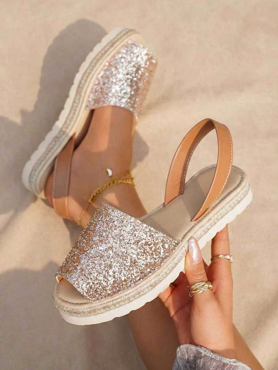 planare 女士时尚休闲沙滩风格草编 PU 材料露趾、轻便、圆头、露趾、露跟、露跟、闪光舒适夏季金色平底凉鞋