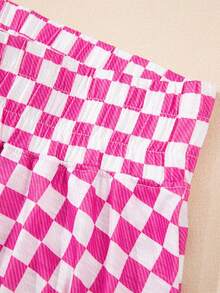 Acelitt Conjunto de 2 piezas de camiseta y falda de cintura alta de punto con estampado de tablero de ajedrez en estilo retro Y2K para mujer, adecuado para uso casual y en casa - Rosa Fucsia - Ver 8