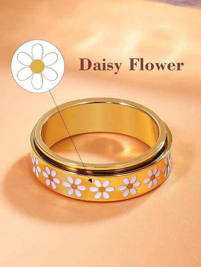 1pc Stainless Steel Daisy Rotatable 18K Gold Plated Swivel Ring, Unisex, Valentine's Day Gift