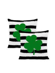 Fețe de pernă cu tematică de Ziua Sfântului Patrick, set de 2 bucăți, bază cu dungi alb-negru, imprimeu cu trifoi verde, față de pernă decorativă ultra moale de 45x45 cm pentru canapea, dormitor, zonă de relaxare - fără inserție - Alb-negru - Vizualizare 6