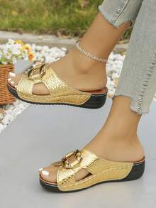 Women's Brown Leopard Print Contrast Color Hollow-Out Round Toe Wedge Sandals, Fashionable Casual Summer Outdoor Slippers, Black Pattern Design - Hoa văn cá sấu vàng - Xem 3