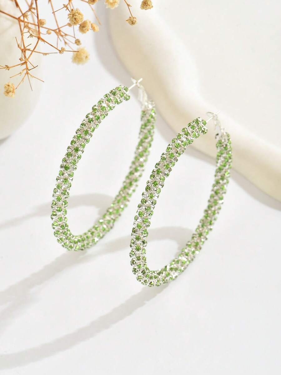 1 par de pendientes de aro de lujo hechos a mano con rhinestones para mujeres, adecuados para uso diario y fiestas - Verde - 6cm - Ver 1