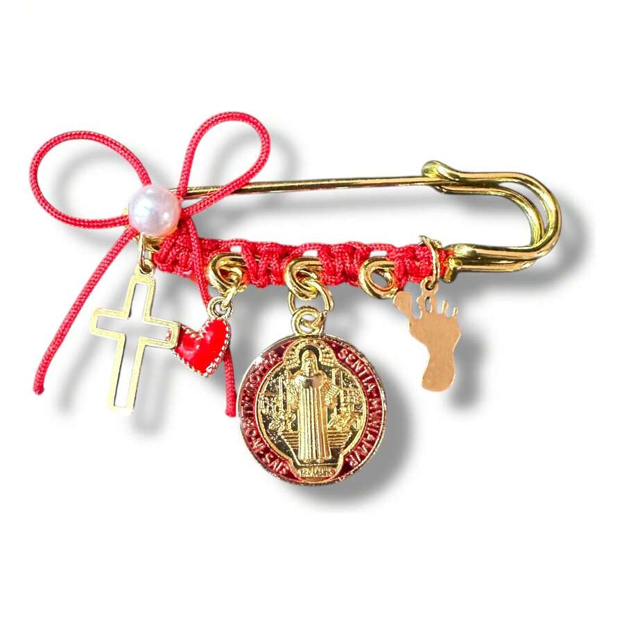 TendenciaSeguro Para Embarazada Broche Dije De Protección Con Imagen Dorado Con Rojo Medalla De San BenitoCalidad premium - 1 - Ver 1