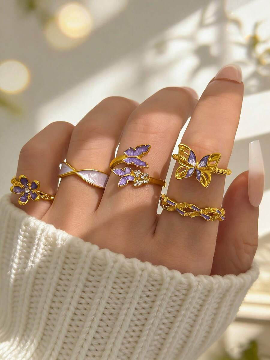 5件套珐琅滴釉紫色花朵蝴蝶戒指，紫色滴油蝴蝶五瓣花戒指套装（女士款） - 金色 - 查看 1