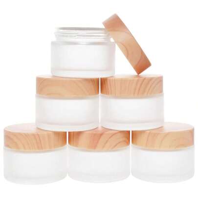 Miayon 6Pcs Glass Cosmetic Container With Wood Grain Lid Refillable Cosmetic Jar Frosted Glass Cream Container With Leak-Proof Lid Empty Sample Jar For Makeup,Lotion,Eye Creams,Scrub Cream,Home Travel