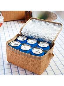 Multifunctional Portable Insulated Picnic Basket - Wicker Pattern Outdoor Food Storage Bag With Zipper Closure And Convenient Handle, Ideal For Outdoor Adventure, Picnic And Travel, Essential For Dining Out, Non-Contact With Food - Brown - View 6