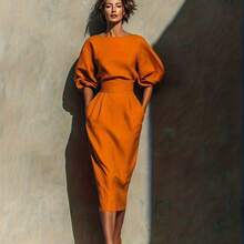 Elegant Orange Women's Mid-Sleeve Top And Midi Skirt Set By ZLLZ - Quýt - Xem 2