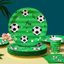 一套绿色星星足球图案一次性餐盘、餐巾纸、纸杯，适合25位客人使用，一次性纸盘，派对用品，适用于生日、婚礼、主题派对、家庭野餐等。 - 彩色 - 查看 3