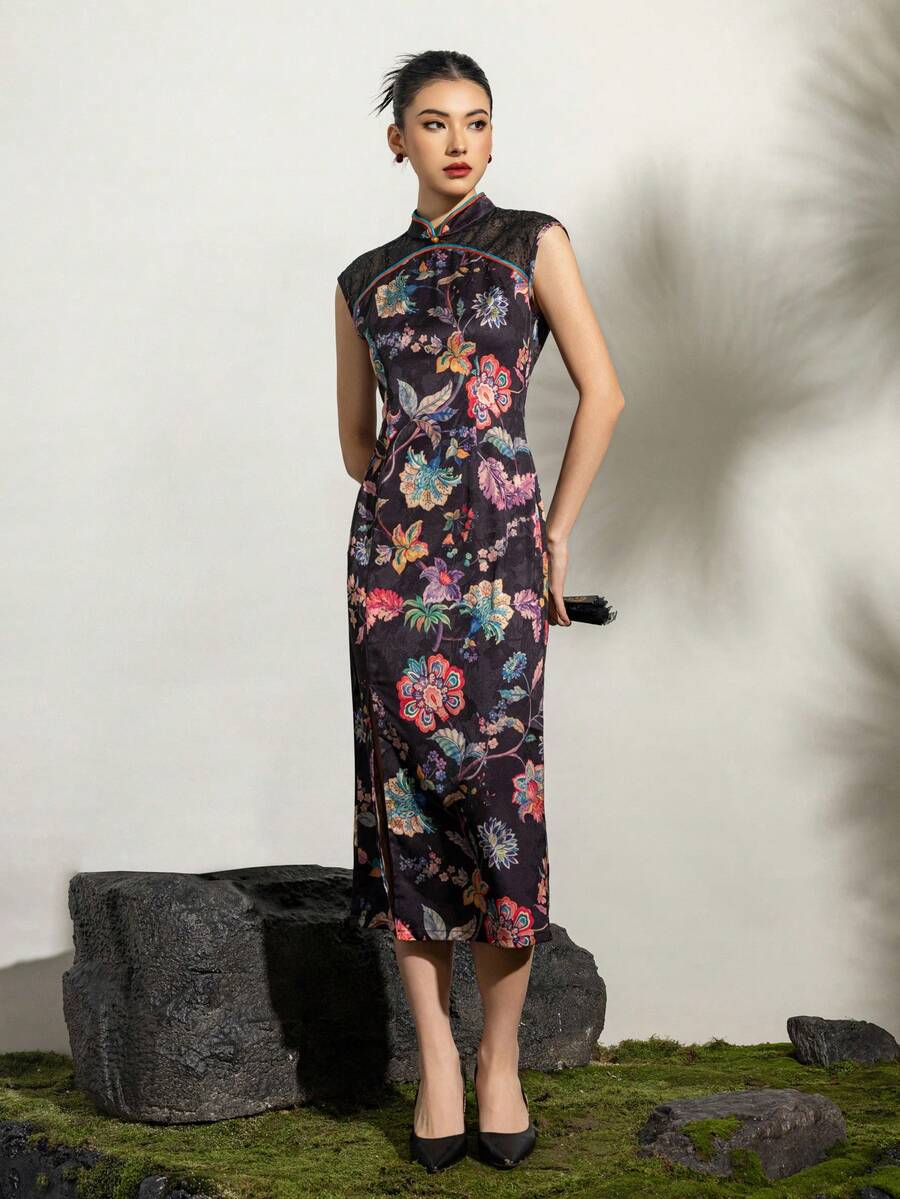 女士优雅无袖蕾丝拼接提花花卉开衩高低摆旗袍连衣裙 - 现代中式正式礼服，适合婚礼、晚宴、公司活动、外交招待会和文化庆典 | 修身剪裁，尽显优雅气质