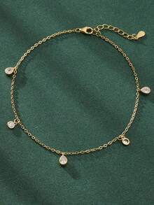 1件S925纯银优雅水滴形和圆形吊坠脚链，百搭度假佩戴及女士礼物 - 水滴 - 查看 2