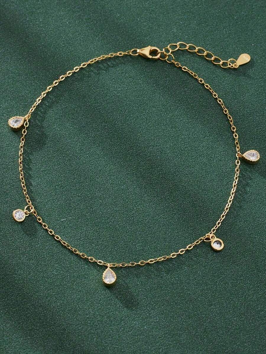 1件S925纯银优雅水滴形和圆形吊坠脚链，百搭度假佩戴及女士礼物 - 水滴 - 查看 1