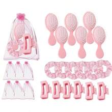 24pcs Bridal Gift Set, Includes 6 Pink Hair Combs, 6 Pink Hair Buns, 6 Pink Hair Clips, 6 Pink Organza Bags, Suitable For Wedding Hair Accessories, Bridesmaids, Proposal, Birthday, Party Decor, Bridal Gifts, Guest Gifts, Bridesmaid Favors, Summer Beach Back To School Supplies, Room Decor - Pink - View 1