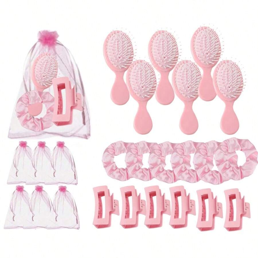24pcs Bridal Gift Set, Includes 6 Pink Hair Combs, 6 Pink Hair Buns, 6 Pink Hair Clips, 6 Pink Organza Bags, Suitable For Wedding Hair Accessories, Bridesmaids, Proposal, Birthday, Party Decor, Bridal Gifts, Guest Gifts, Bridesmaid Favors, Summer Beach Back To School Supplies, Room Decor - Pink - View 1