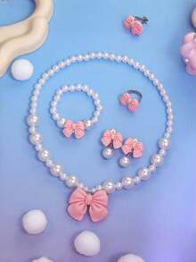 5pcs/Set Girls' Cute Bow Pearl Jewelry Set, Including Necklace, Bracelet, Earrings And Ring, Elegant Princess Style Gift