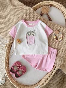 Set de 2 piezas de camiseta de manga corta con estampado de palomitas de maíz + pantalones cortos rosas, informal y dulce para niña bebé, primavera/verano - Rosa - Ver 3