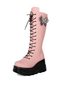Women's Lace Up Platform Punk Boots With Butterfly Side Zip Knee High Boots Round Toe Wedge Motorcycle Combat Boots Goth Tall Boots For Prom Party Cosplay Dress Shoes - 粉色 - 查看 4