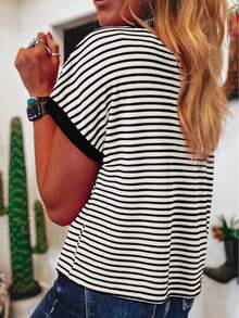 Summer Striped Contrasting Shoulder Short Sleeved Knitted Casual Round Neck T-Shirt For Women - Nhiều màu 1 - Xem 2