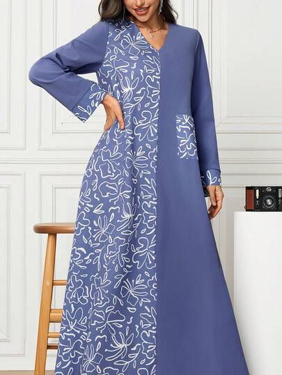 Plus Size 2026 New Spring Clothing Long-Sleeved Women's Printed Long Dress. Women's Loose Long Printed Dress With Pocket Patchwork Contrasting Beach Paisley Print.