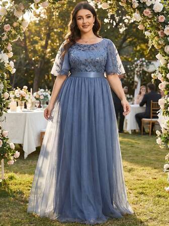 EVERPRETTY 优雅撞色亮片紧身胸衣网纱灰蓝色伴娘礼服晚礼服秋冬春季正式礼服，适合婚礼派对情人节穿着